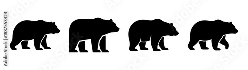 Grizzly bear silhouettes set, walking brown bear icons, wild animal vector collection