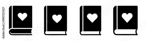 Minimalist book icons with heart symbols, set of 4 romance novel vector illustrations