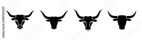 Longhorn bull head silhouettes, 4 black cattle icons, western steer mascot vector set