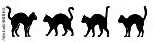 Black cat silhouette set, 4 spooky kitten vector icons, arched back halloween cats