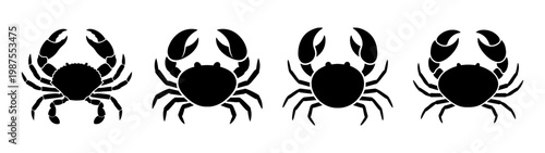 Black crab silhouette set, 4 sea animal icons, minimalist seafood restaurant vector art