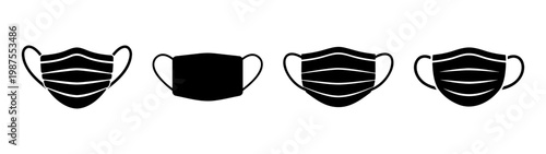 Black face mask icons set, protective surgical masks, medical safety equipment vectors