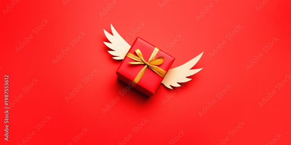 Fototapeta premium Red gift box with golden ribbon and cream-white wings on a red background