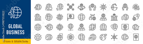 Global Business web icons in line style. Banking, logistics, transport, partnership, communication, collection. Vector illustration.