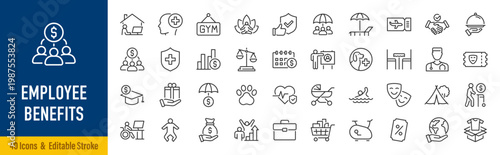 Employee benefits web icons in line style. Health insurance, bonus, social security, maternity rest, paid vacation, collection. Vector illustration.