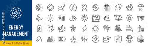 Energy management web icons in line style. Sustainable development, recycling, waste reduction, green energy, climate stability. Vector illustration.