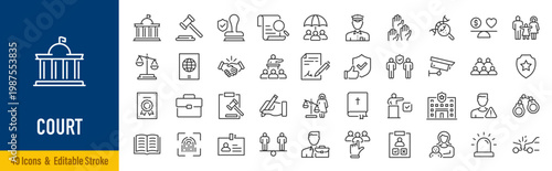 Court web icons in line style. Investigation, law, judgment, criminal, authority, court legal, related nailing, justice, prison. Vector illustration.