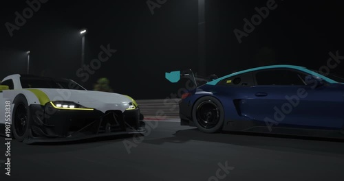 GT3 Gran turismo race cars drive side by side at night on a track, close view with headlights, motion blur shows speed, city lights create intense motorsport action