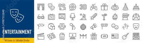 Entertainment web icons in line style. Theatre, cinema, surfing, music, party, VR, TV. Vector illustration.