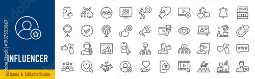 Influencer web icons in line style. Content, community, promotion, influencer, social media, ambassador. Vector illustration.