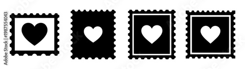 Vintage postage stamp icons with hearts, romantic mail stamp set, 4 vector silhouettes