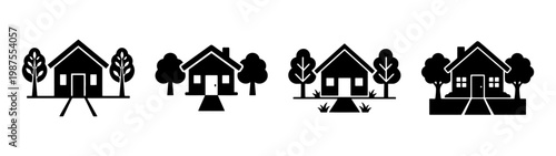 Minimalist house icons set, black cottage vector symbols, residential home silhouettes