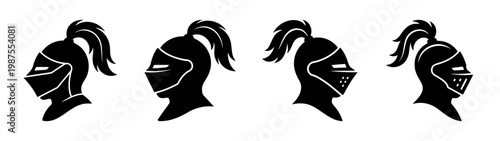 Medieval knight helmet icons, 4 black armor head silhouettes, warrior mascot vector set