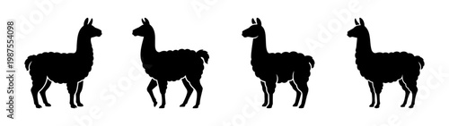 Llama silhouette vector set, black alpaca animal icons, 4 farm livestock elements