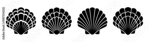 Minimalist seashell icons set, black scallop shell silhouettes, 4 marine vector elements