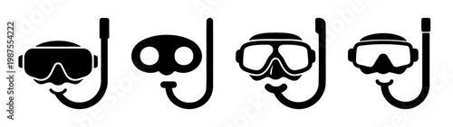 Diving mask and snorkel icons. Scuba gear vector set, black snorkeling equipment icons