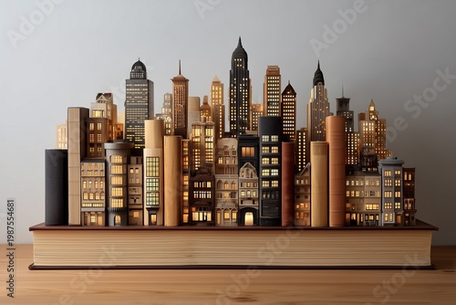 Miniature city skyline made from stacked books