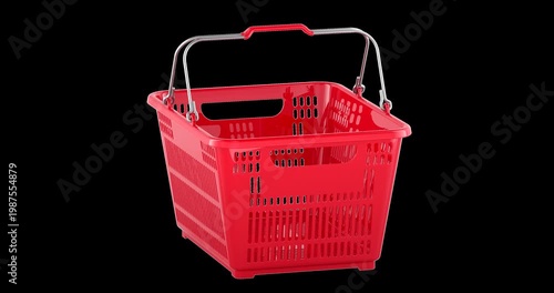 Red plastic shopping basket with folding metal handles, rotation animation seamlessly loopable. 3D rendering isolated on transparent background