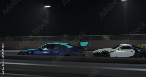 GT3 Gran turismo race cars drive side by side at night on a track, close view with headlights, motion blur shows speed, city lights create intense motorsport action