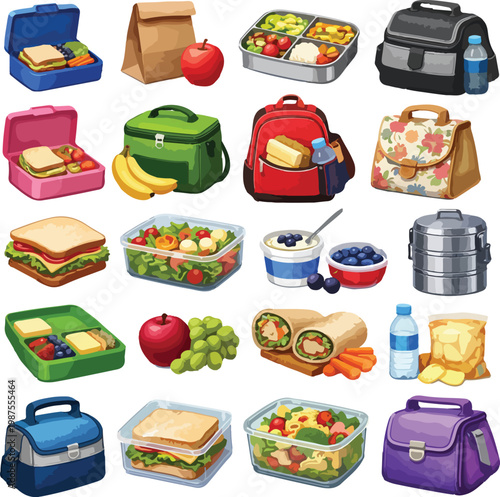 Assortment of lunch boxes and food containers with sandwiches, salads, and fruits, flat design vector illustration