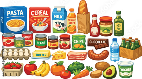 Assortment of Groceries and Food Products, Including Pasta, Cereal, Milk, and Produce, Vector Illustration