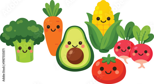 Cute Kawaii Vegetables Collection: Broccoli, Carrot, Avocado, Corn, Radish, Tomato Vector Illustration