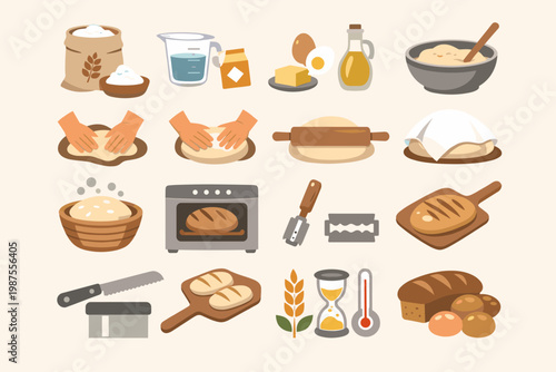 Bread making process icon set featuring ingredients, tools, and techniques like kneading dough, proofing, scoring, and baking fresh loaves of sourdough and wheat bread in a flat vector style.