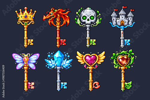 Set of fantasy pixel art keys with unique bows including crown, dragon head, skull, castle, butterfly, crystal, and heart designs for retro RPG video game assets and magic quest items vector.