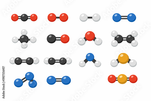 Chemistry Gas Molecule Formula Set with Carbon Dioxide, Oxygen, Hydrogen, Nitrogen, Methane, Carbon Monoxide, Water, Ethylene, Acetylene, Ammonia, Hydrogen Sulfide, Ozone, and Sulfur Dioxide Models.