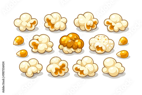 Cartoon Popcorn Kernels and Popped Grains Vector Illustration Set for Cinema Snacks, Movie Theater Treats, and Home TV Watching, Featuring Salty, Sweet Caramel, and Seasoned Popcorn Varieties.