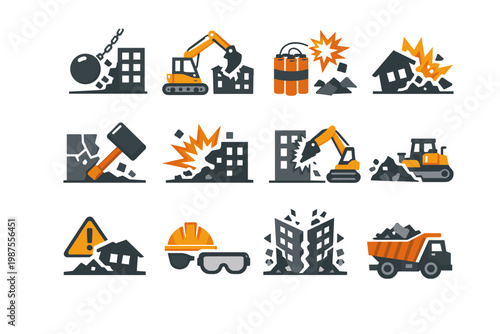Professional demolition icon set featuring wrecking ball, excavator, dynamite, sledgehammer, and heavy machinery. Flat vector illustration for construction site destruction and building removal.