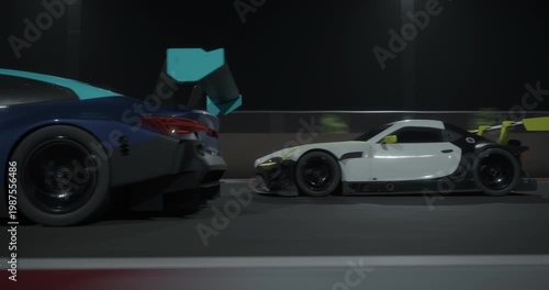 GT3 Gran turismo race cars drive side by side at night on a track, close view with headlights, motion blur shows speed, city lights create intense motorsport action