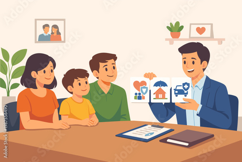 Family Insurance Consultation: A friendly professional insurance agent discussing various coverage plans including life, home, and car insurance with a young family in a comfortable office setting.