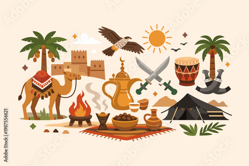 Saudi Founding Day Heritage Vector Illustration Featuring Traditional Icons like Camel, Falcon, Dallah Coffee Pot, Dates, Palm Trees, Desert Tent, Crossed Swords, Fort, and Drum in a Modern Style.
