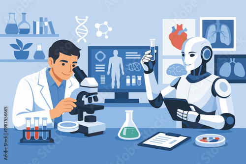 Scientist and Artificial Intelligence Robot Collaborating in a Modern Medical Lab for Biotech Research, Drug Discovery, and Healthcare Innovation with Microscope, DNA, and Anatomical Data
