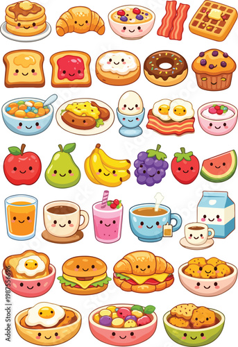 Cute Kawaii Breakfast Food Collection: Pancakes, Croissants, Eggs, Fruits, and Drinks Vector Illustration