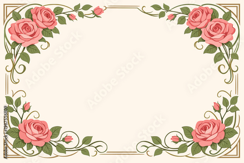 Vintage Art Nouveau Floral Border with Pink Roses and Delicate Green Vines, Elegant Retro Pattern Corner Frame for Wedding Invitations, Greeting Cards, and Decorative Background Illustration