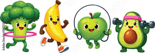 Healthy Food Characters Exercising: Broccoli Hula Hooping, Banana Running, Apple Jumping Rope, Avocado Weightlifting, flat design vector illustration