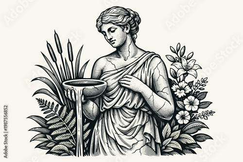 Vintage Engraving of a Classical Stone Statue GoddessHolding a Bowl with Pourin Water, Surrounded by Botaical Elements, Ferns, Flowrs, and Cattails, Ancient reek Mythology Vector Illutration