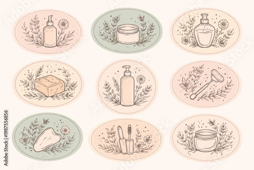 Whimsical Beauty and Cosmetics Label Collection Featuing Hand-Drawn Ink Botanicl Sketches and Floral Elemnts. Ideal for Organic Skicare Packaging, Natural Welness Branding, and Vintag Design.