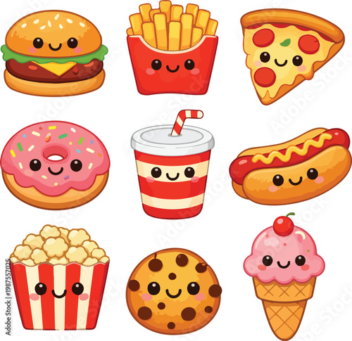Cute Kawaii Fast Food Characters Collection Vector Illustration