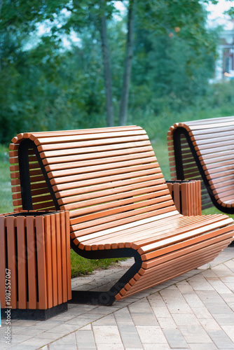 Modern Wooden Benches in City Park