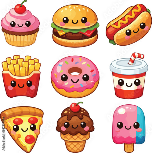 Cute Kawaii Fast Food Characters Set Vector Illustration: Cupcake, Burger, Hot Dog, Fries, Donut, Drink, Pizza, Ice Cream