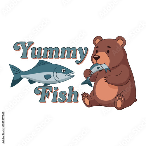 Brown bear eating fish with text cartoon blue fish