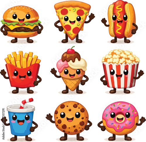 Cute Kawaii Fast Food Characters Collection Vector Illustration - Hamburger, Pizza, Hot Dog, Fries, Ice Cream, Popcorn, Drink, Cookie, Donut
