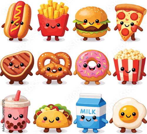Cute Fast Food Characters Collection: Hot Dog, Fries, Burger, Pizza, Steak, Pretzel Vector Illustration