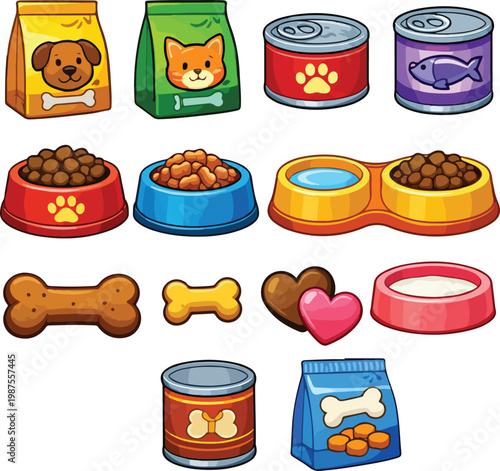 Dog and cat pet food bags, cans, bowls, and treats with bone and heart shapes, vector illustration