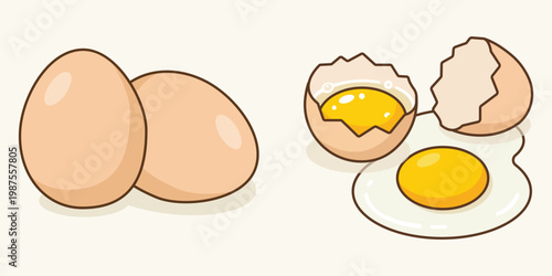 A cartoon illustration of eggs and egg yolks on a plain background