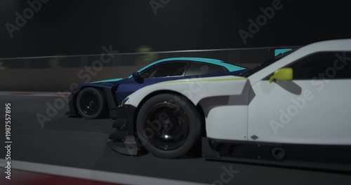 GT3 Gran turismo race cars drive side by side at night on a track, close view with headlights, motion blur shows speed, city lights create intense motorsport action