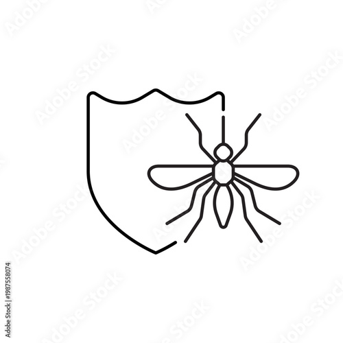 A simple mosquito next to a shield. It is a representation of pest control and protection from insect bites.